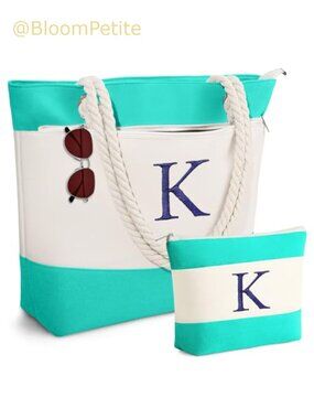 Large Waterproof Sand Proof Canvas Beach Tote Bag Zip Top Women Travel Pool